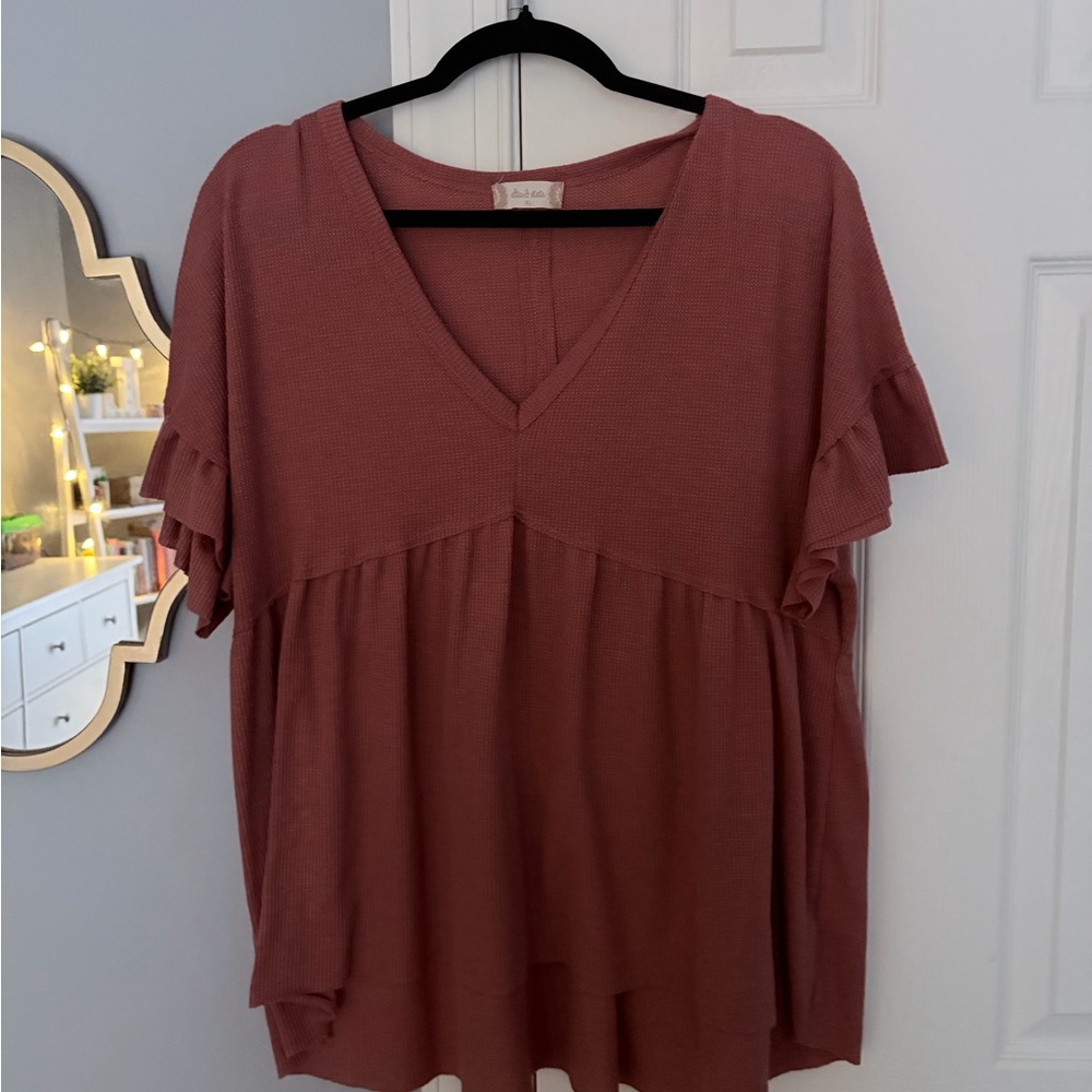 Altar'd State V-Neck Ruffle Sleeve Blouse - Mauve